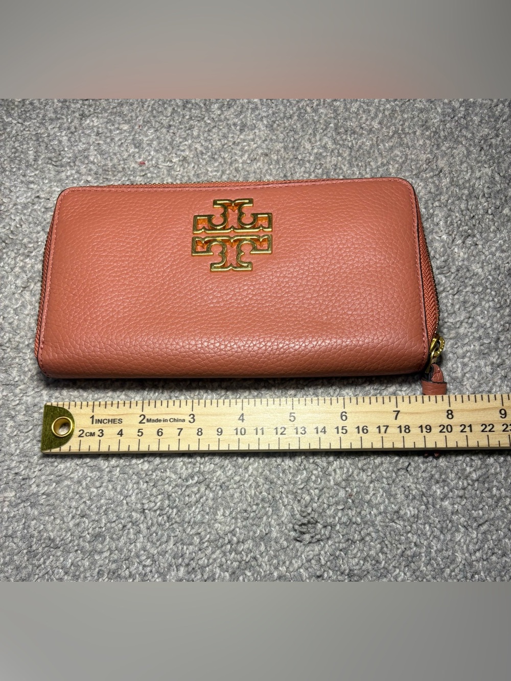 Tory Burch Peach Zip-Around Pebbled Leather Wallet with Gold Logo